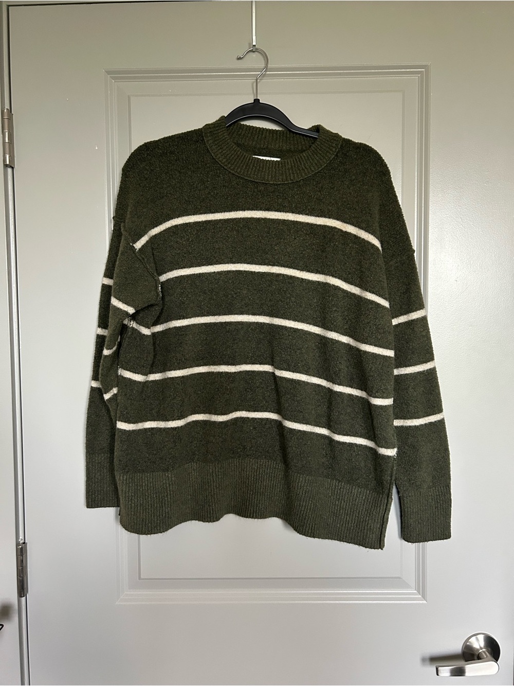 aerie Olive Green Fuzzy Oversized Crewneck Sweater with Cream Stripes